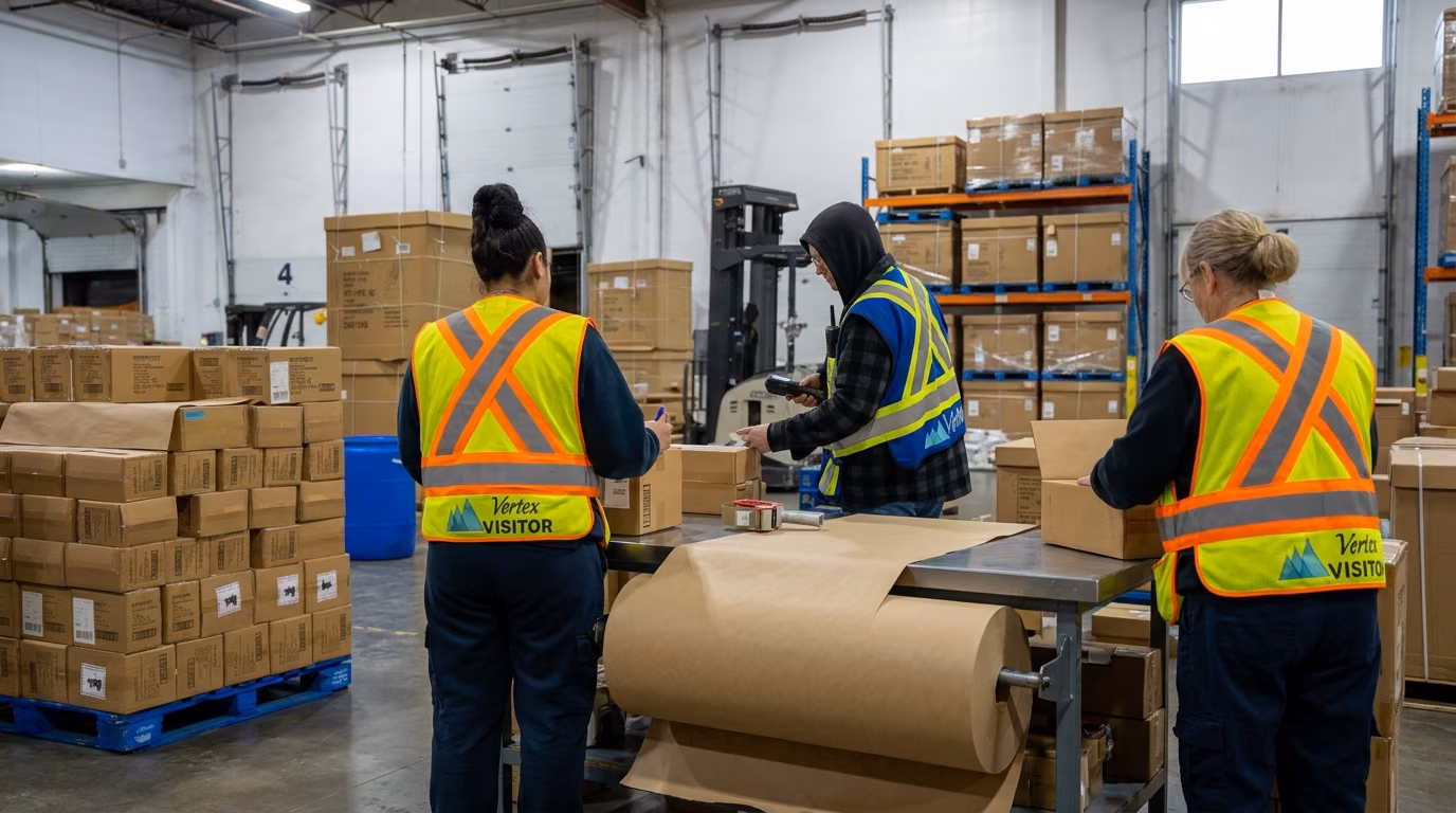 Three Vertex team members preparing custom packouts at a pack station