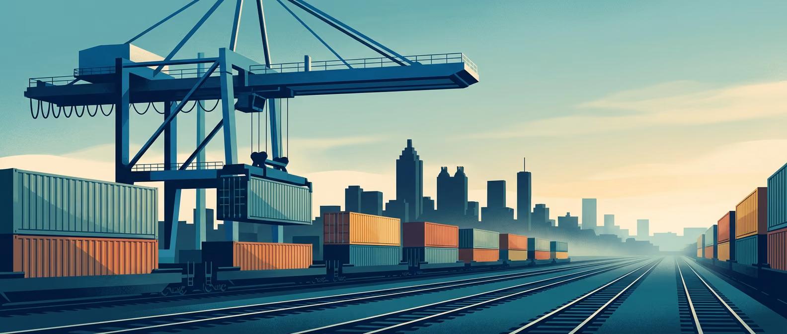Mason Mega Rail intermodal terminal with double-stack container trains, gantry crane, and Atlanta skyline silhouette in the distance.