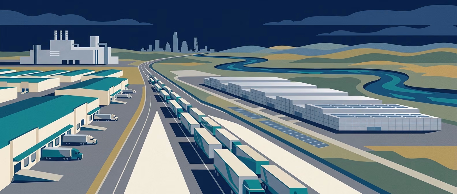 Tesla GigaTexas factory with Colorado River, tilt-up warehouse cluster, I-35 truck column, and Austin skyline silhouette.