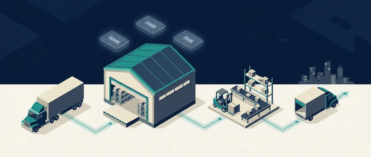 Stylized illustration of the four-step fulfillment flow: inbound truck, warehouse with pallet racks, pick-pack station with forklift and conveyor, and outbound delivery truck, with a floating WMS / OMS / TMS data layer above.