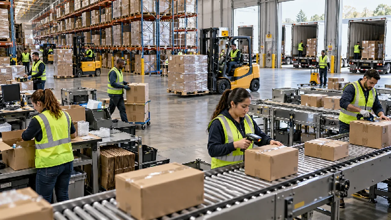 Warehouse team in high-visibility vests scanning and packing boxes on conveyor lines, with forklifts moving pallets and trucks at the loading docks.