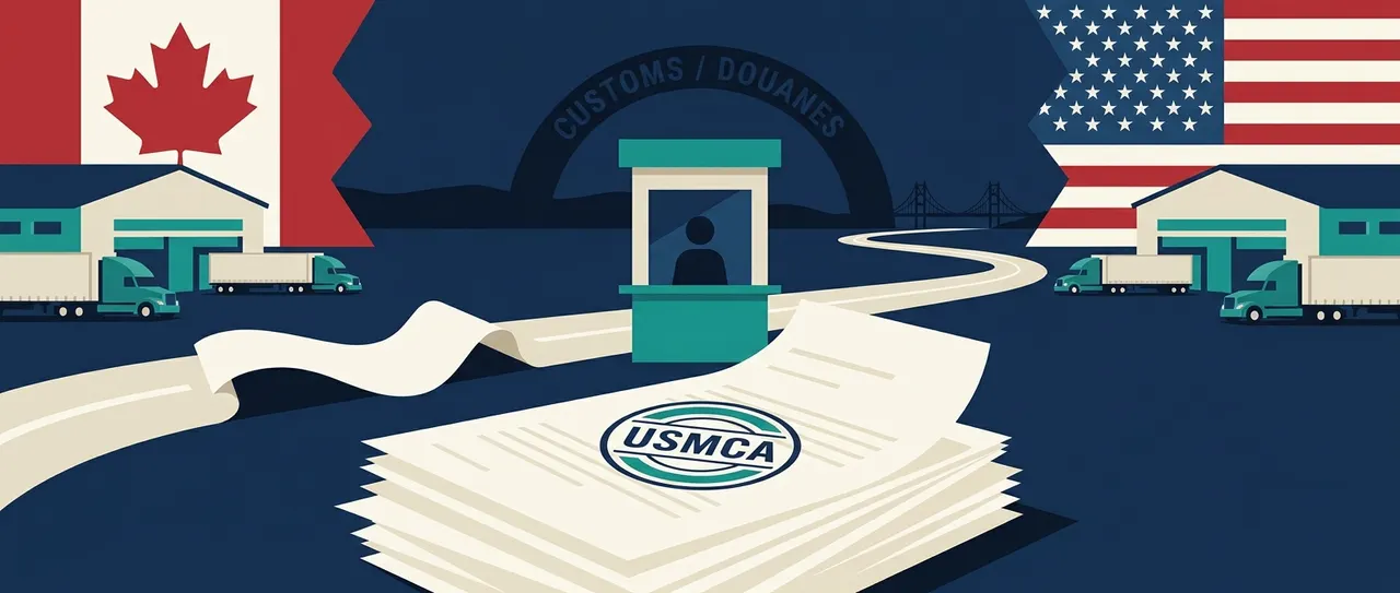 Stylized US-Canada border crossing with a customs inspection booth, Canadian and US flag panels on either side, a USMCA-stamped document stack in the foreground, and a Detroit-Windsor bridge silhouette on the horizon.
