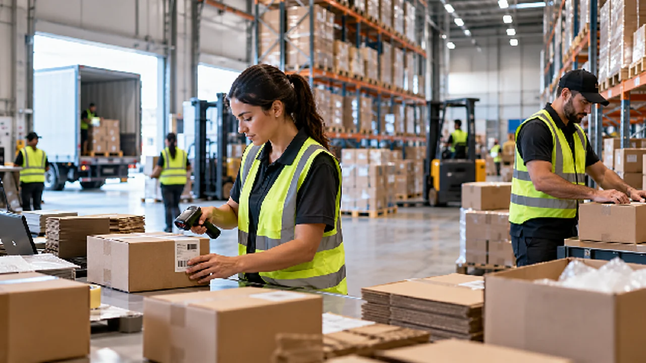 Warehouse worker in a high-visibility vest scanning a shipping box at a packing station while a colleague packs orders, with stocked racks and a forklift behind them.