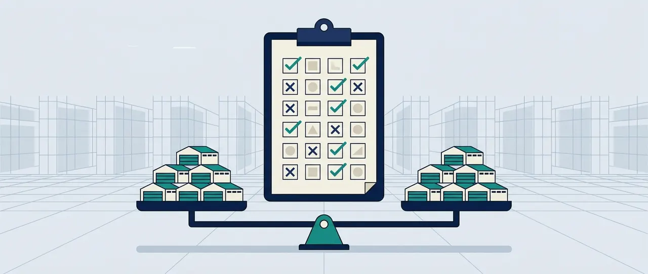 Stylized 3PL evaluation scorecard: a clipboard with a 24-cell checklist grid sitting atop a balance scale weighing two stacks of warehouse buildings, on a faint warehouse-grid background.