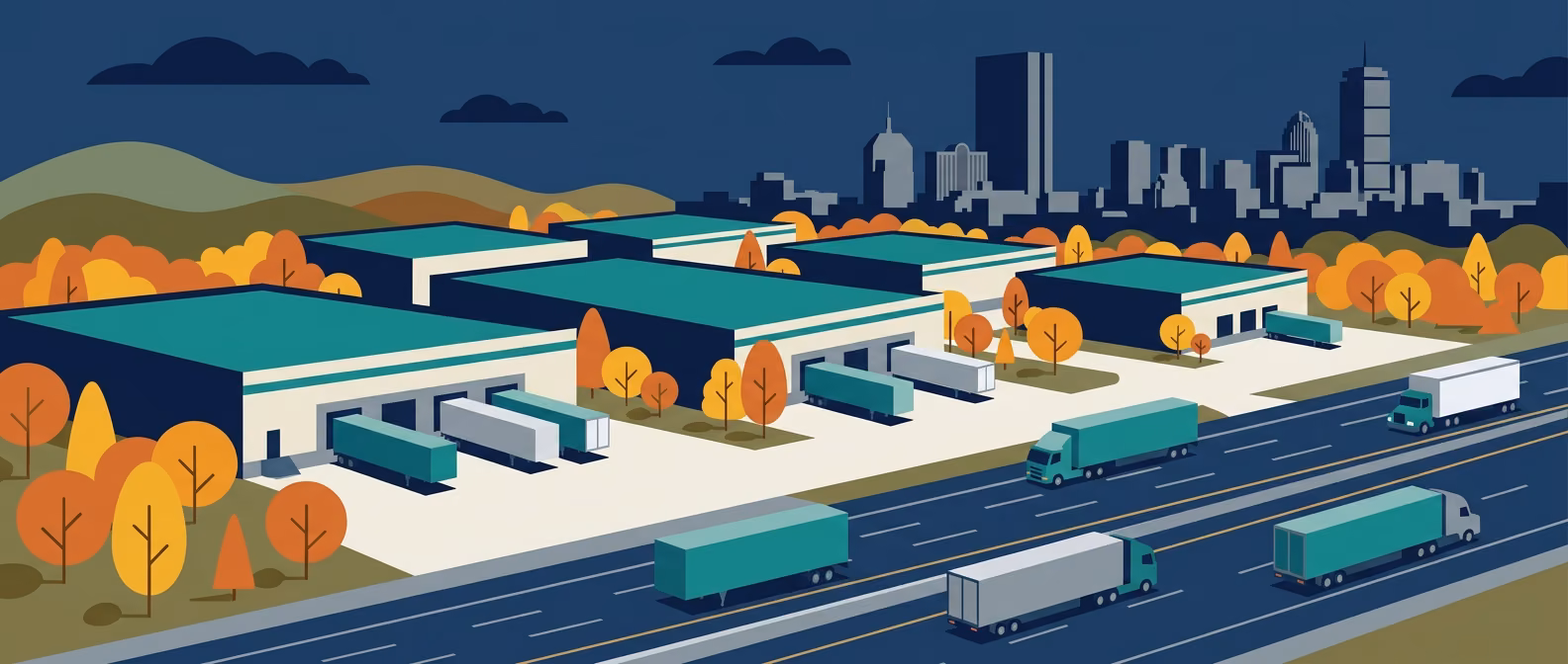 Worcester / I-495 belt industrial corridor with tilt-up warehouses, autumn foliage, and Boston skyline silhouette on the horizon.