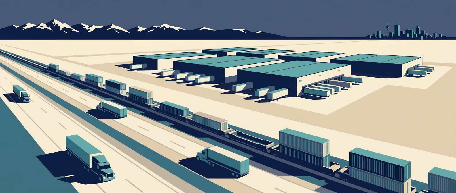 Foothills Industrial / Balzac corridor north of Calgary with tilt-up warehouses, CPKC intermodal rail, Canadian Rockies on the horizon, and Calgary downtown skyline silhouette.