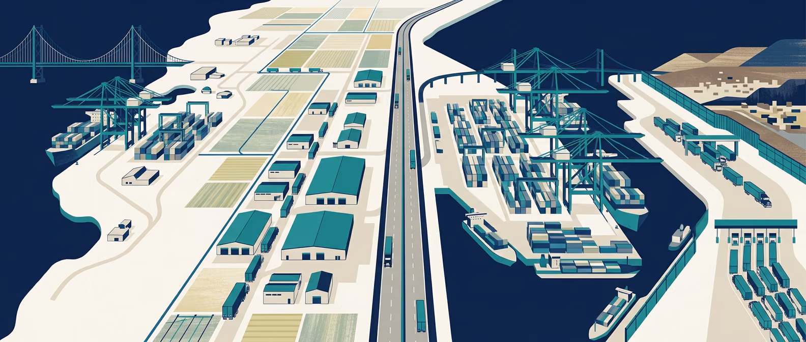 California coastline composite showing the Port of Los Angeles, Port of Oakland, and Otay Mesa border crossing with the Pacific corridor connecting all three.