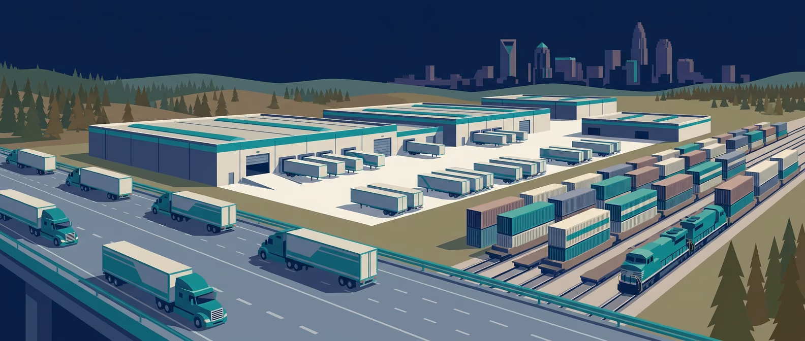 Charlotte I-85 industrial corridor with tilt-up warehouses, Norfolk Southern intermodal rail with stacked containers, semi-trailer column, and Charlotte uptown skyline silhouette.
