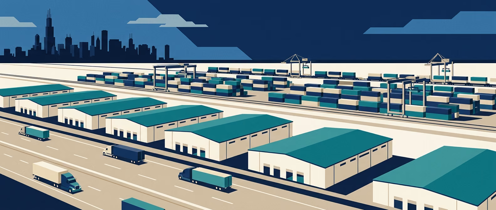 CenterPoint Joliet/Elwood intermodal yard with stacked containers, gantry cranes, tilt-up warehouse cluster, I-80 truck column, and Chicago skyline silhouette.