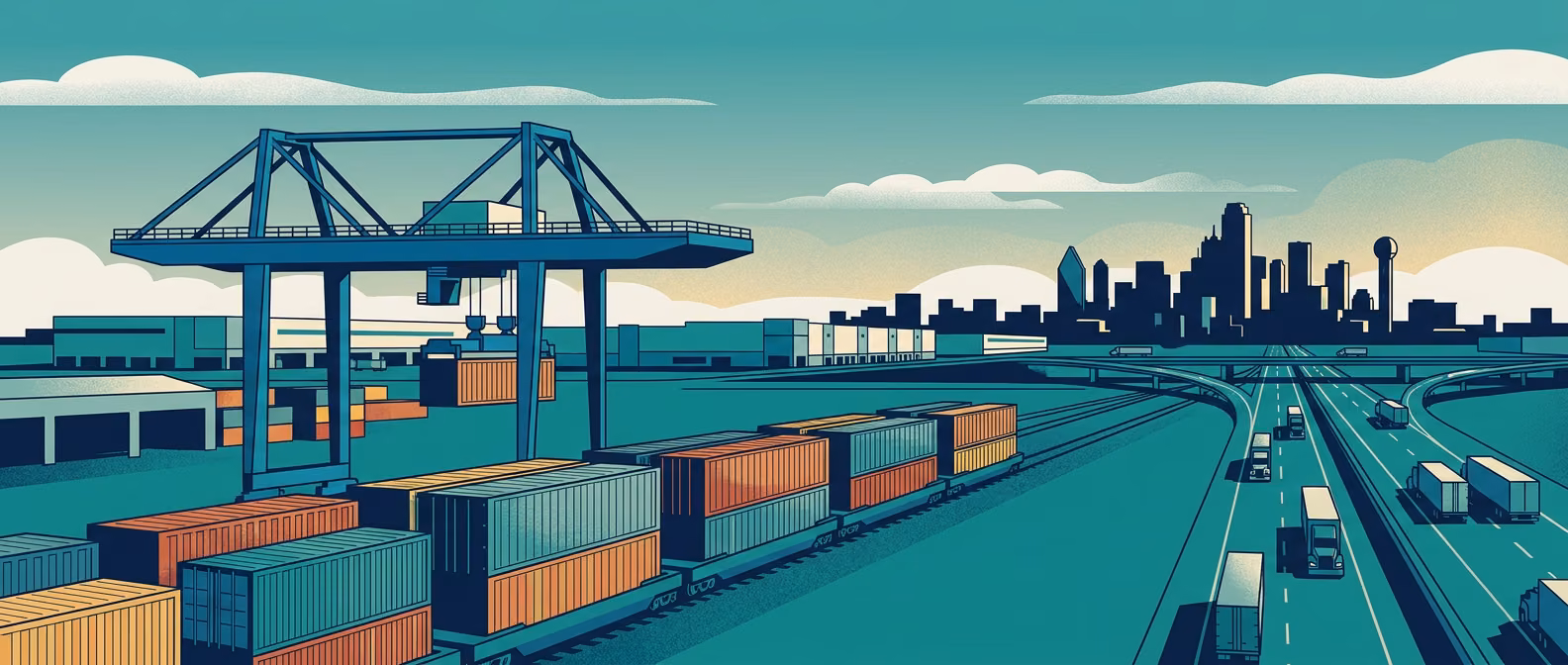 AllianceTexas inland-port intermodal yard with BNSF freight trains, gantry crane, and Dallas skyline silhouette.