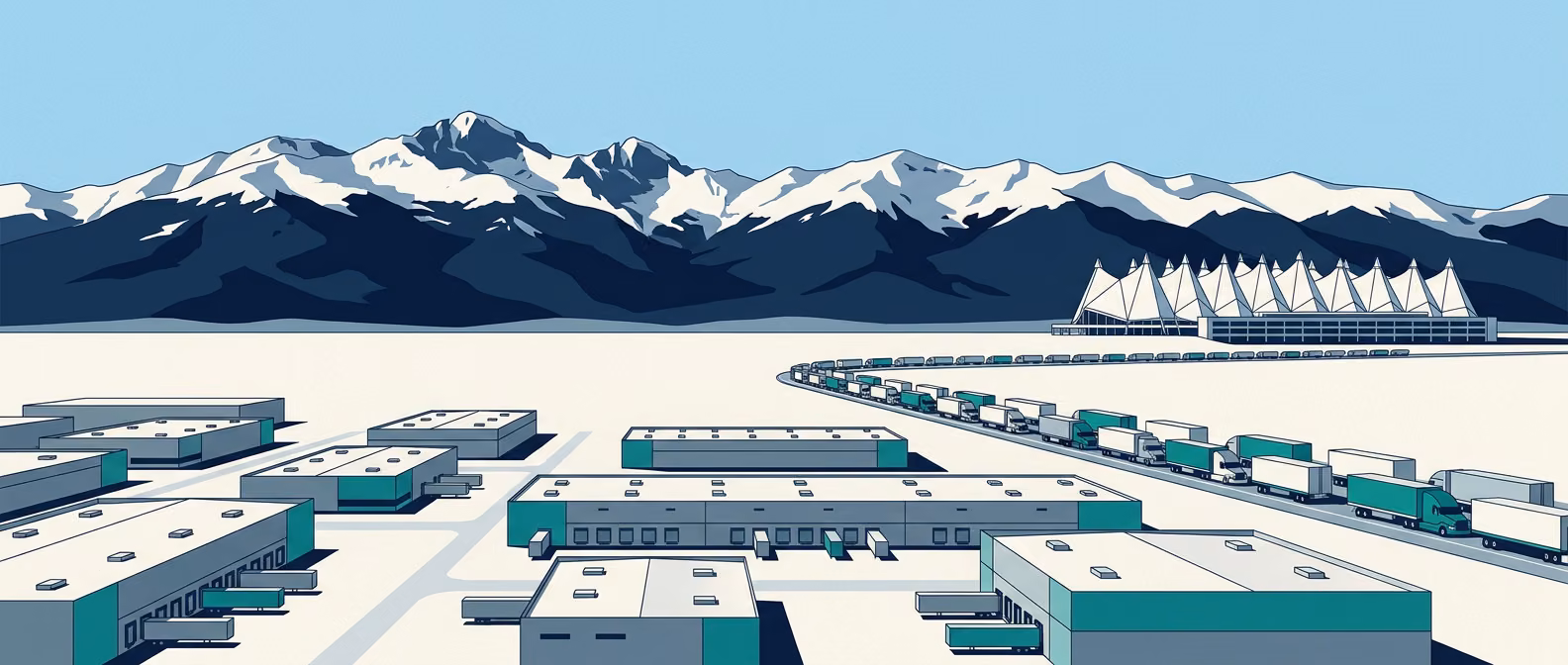 Front Range industrial corridor with snow-capped Rocky Mountains horizon, DEN Airport tent roof, and I-70 truck column.