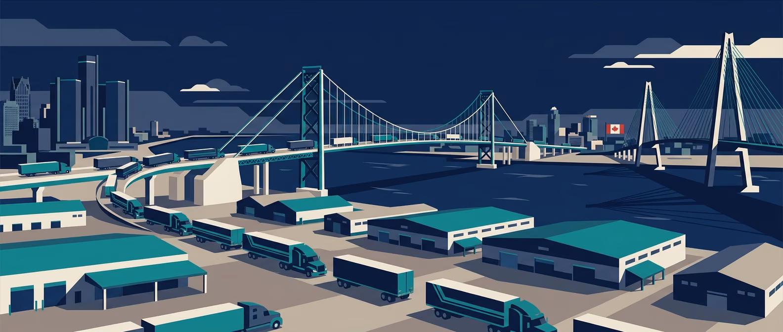 Detroit-Windsor cross-border corridor with Ambassador Bridge over the Detroit River, new Gordie Howe International Bridge silhouette, semi-trailer column, Windsor Ontario skyline, and Detroit Renaissance Center.