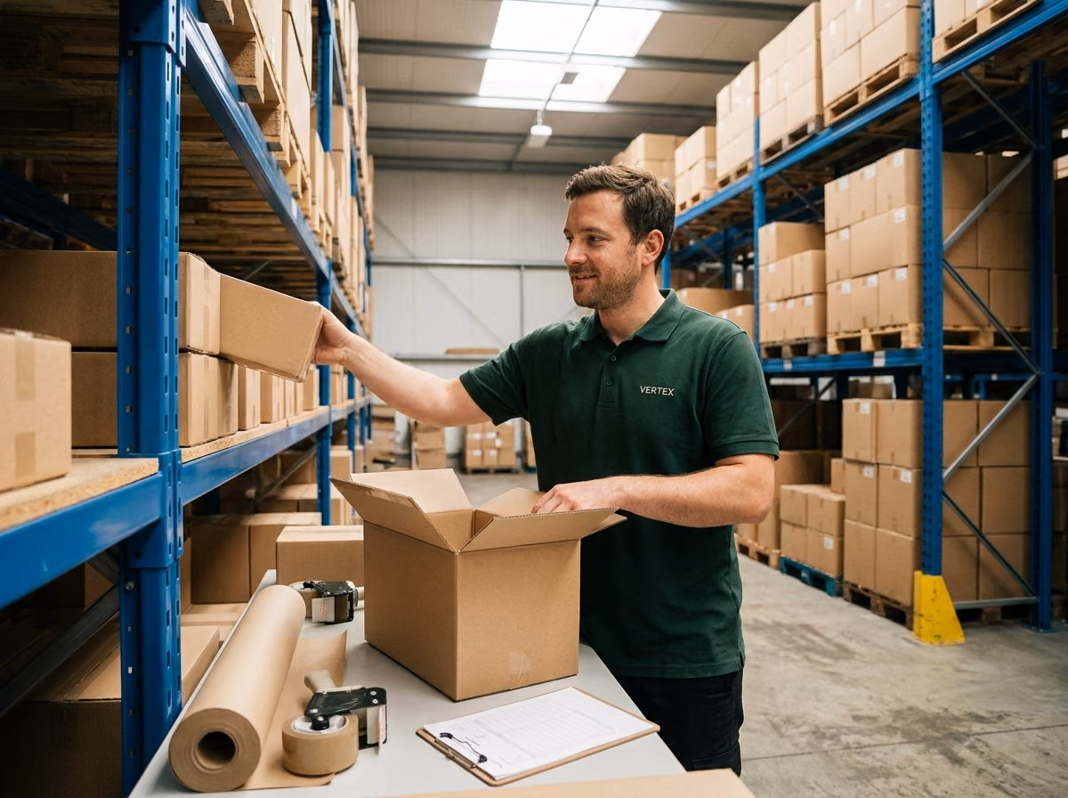 Vertex logistics team member preparing a fulfillment order in the warehouse