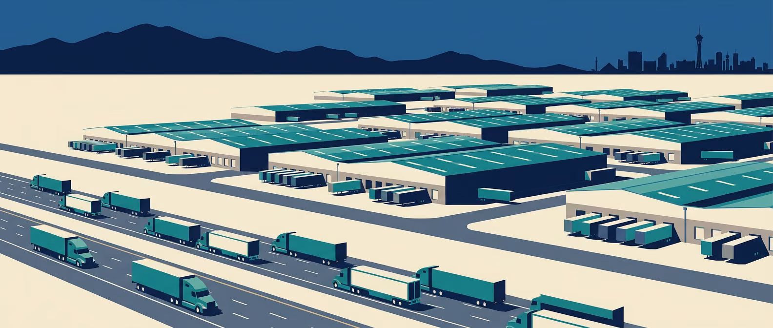 North Las Vegas Apex Industrial Park warehouse cluster on the desert floor with Spring Mountains horizon and Las Vegas Strip silhouette in the distance.
