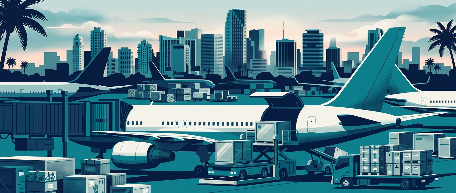 Miami International Airport (MIA) cargo apron with cargo aircraft loading perishables onto trucks, Miami skyline silhouette.