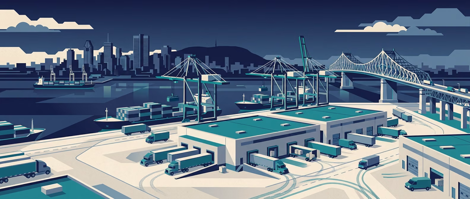Port of Montreal container terminal on the St. Lawrence River with gantry cranes, Jacques Cartier Bridge, Montreal-area industrial warehouses, and Montreal skyline with Mount Royal silhouette.
