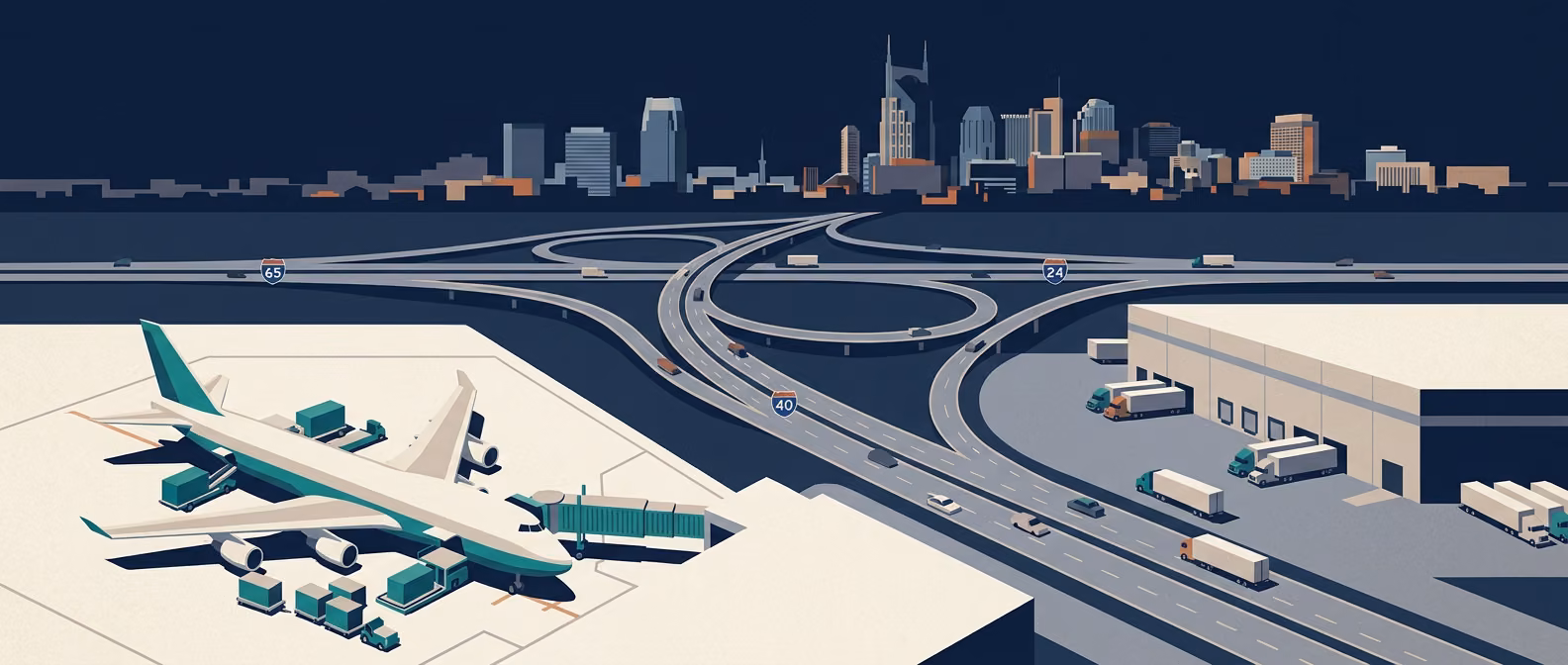 BNA International Airport cargo apron with wide-body freighter, I-65/40/24 highway trifecta, and Nashville skyline silhouette.
