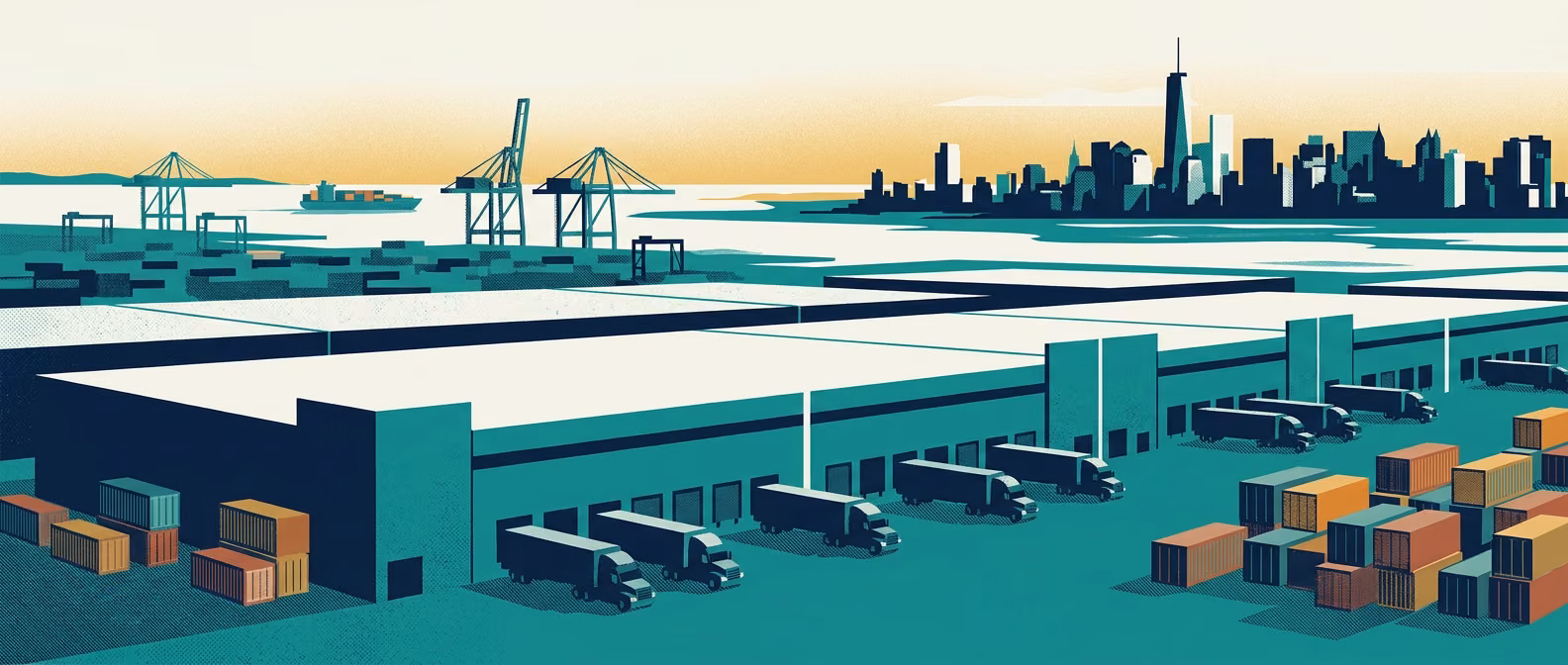 Northern New Jersey warehouse corridor with Port Newark / Elizabeth cranes and Manhattan skyline across the Hudson.