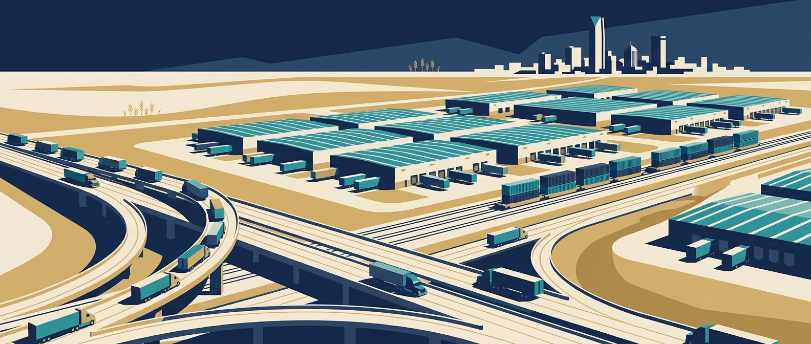 Oklahoma City I-35 / I-40 trifecta intersection with tilt-up warehouses on the prairie, BNSF intermodal rail line with stacked containers, semi-trailer column, and OKC skyline silhouette.