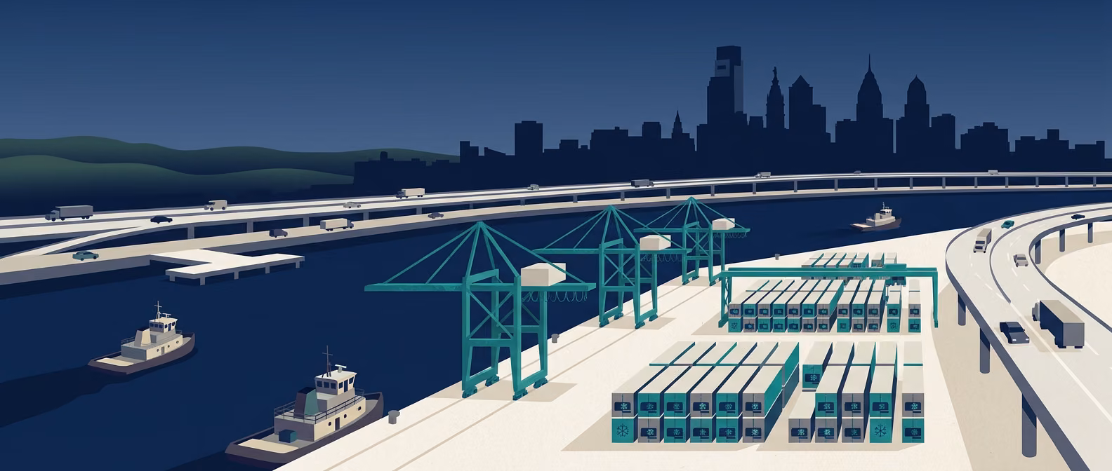 PhilaPort container terminal with refrigerated reefer containers, Delaware River, I-95 corridor, and Philadelphia skyline silhouette.