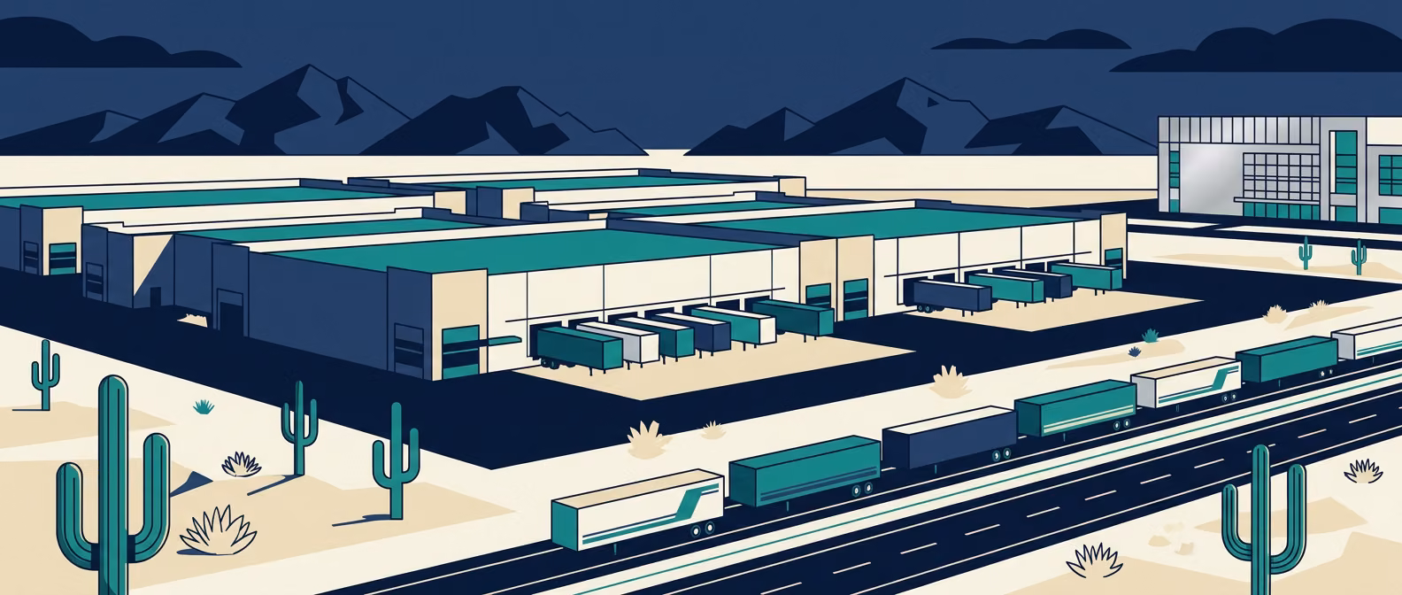 West Valley Phoenix industrial corridor with tilt-up warehouses, saguaro cacti, White Tank mountain horizon, TSMC fab silhouette, and I-10 truck column.
