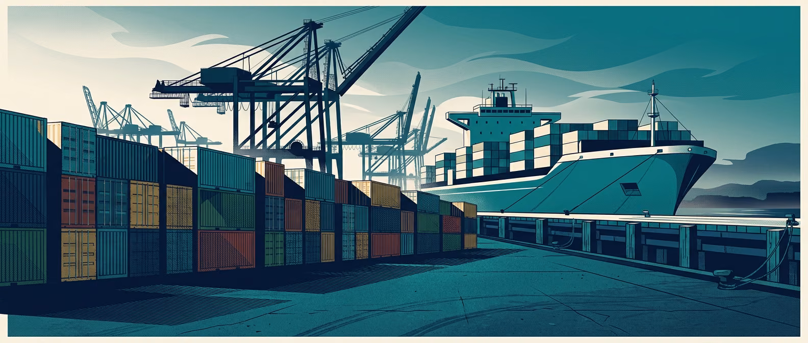 Port of Los Angeles container terminal with gantry cranes loading a cargo ship at dock.