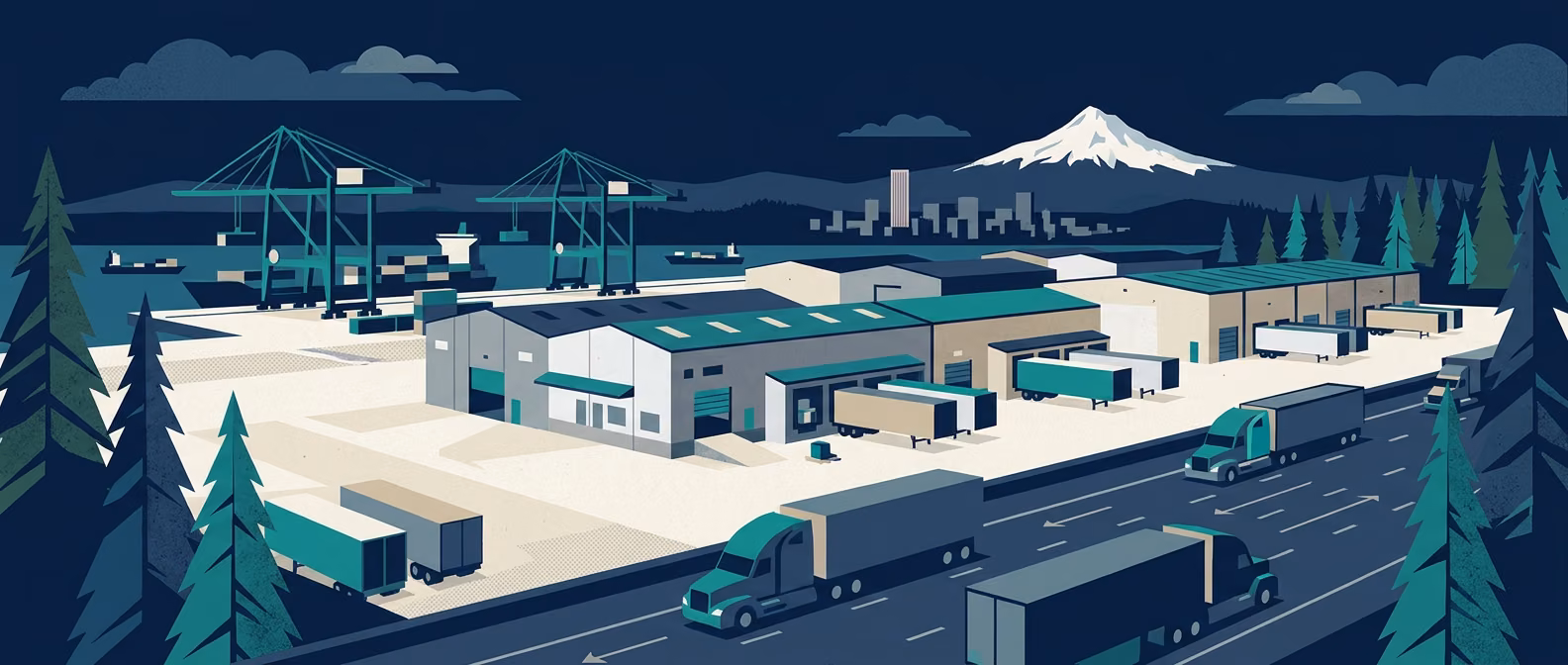 Portland Rivergate industrial corridor with tilt-up warehouses, Port of Portland T6 container cranes, Mount Hood on the distant horizon, and Douglas fir evergreen trees.
