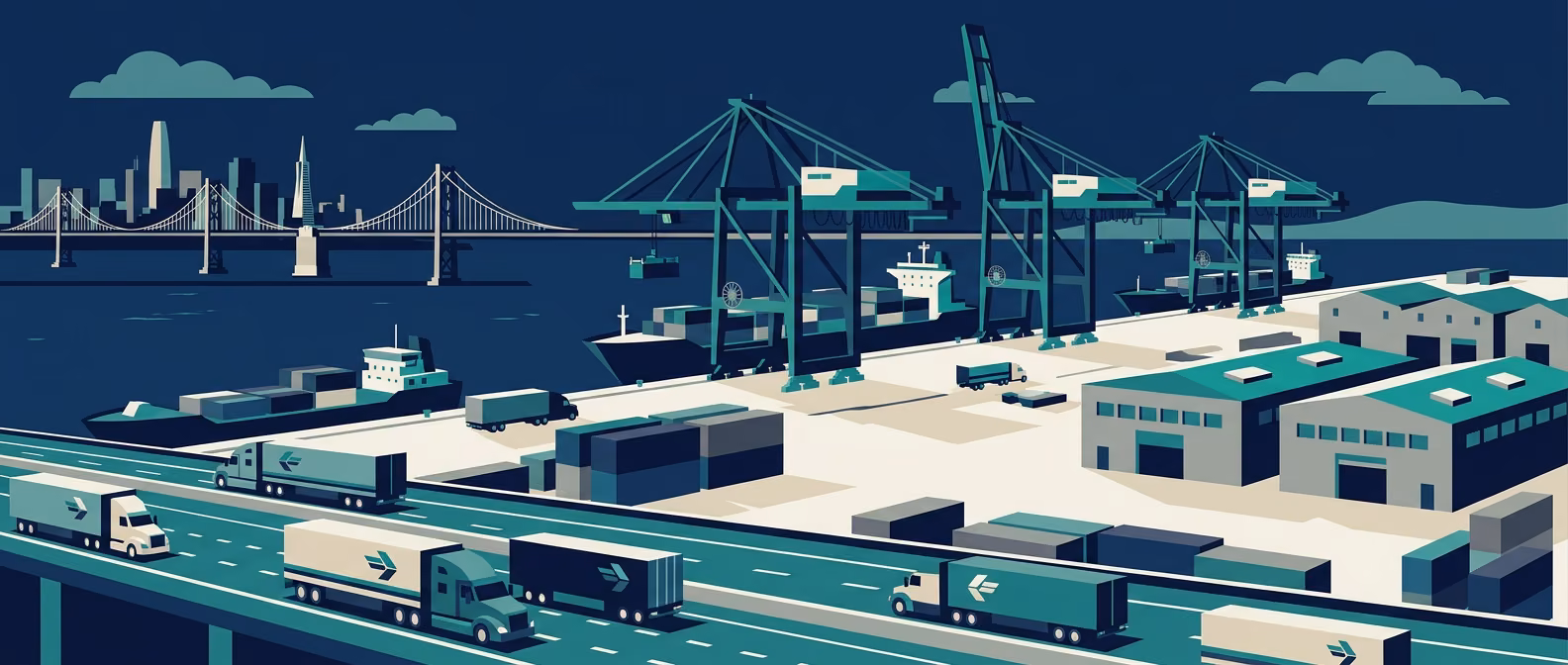 Port of Oakland gantry cranes loading container ships with Bay Bridge crossing the bay, San Francisco skyline silhouette across the water, and East Bay industrial corridor on the right.