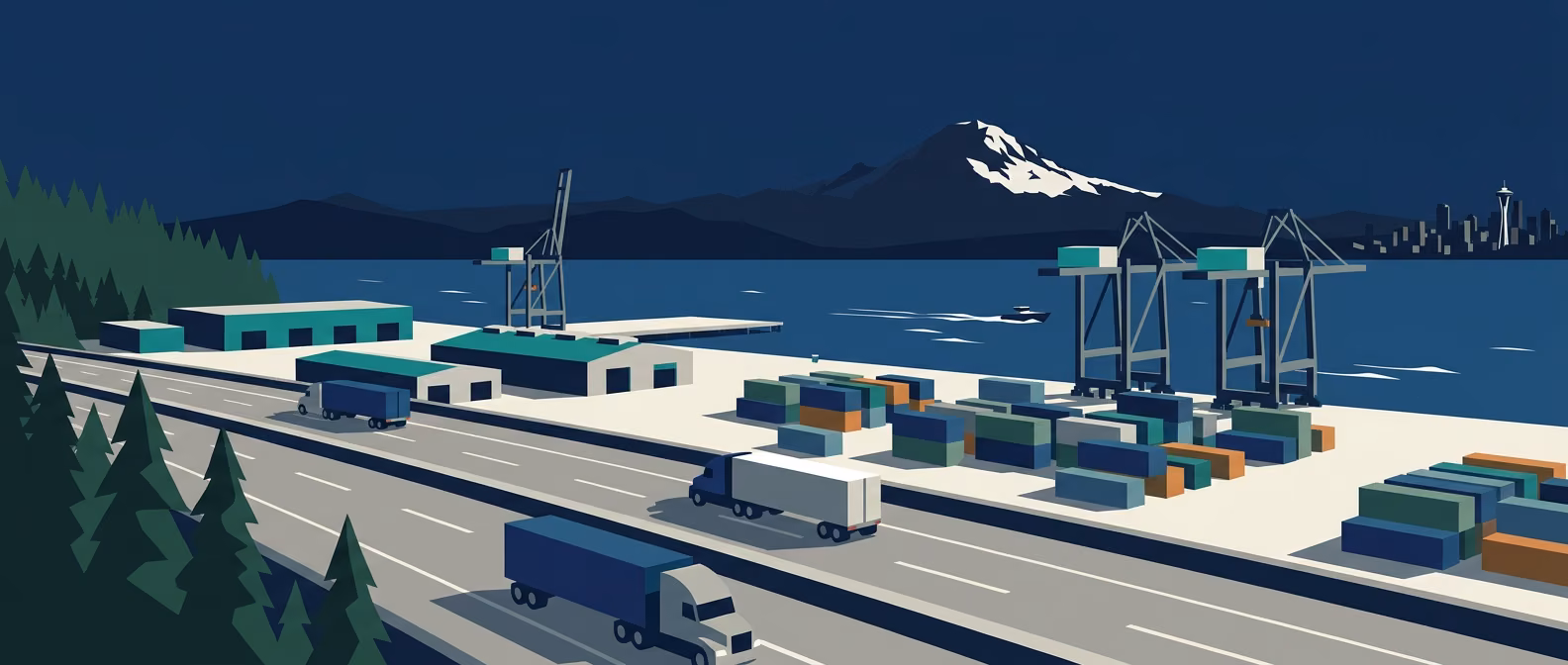 Port of Tacoma NWSA gantry cranes with Mount Rainier on the horizon, I-5 truck column, and Seattle Space Needle silhouette in the distance.