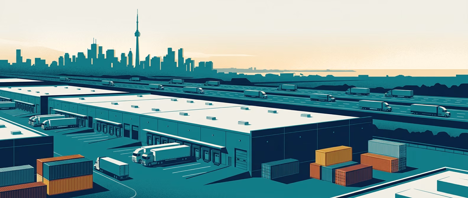 GTA West industrial corridor with warehouses and trucks, Toronto skyline silhouette in distance.