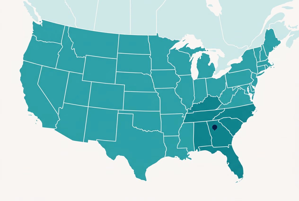 Ground transit-time map of the contiguous US from our Atlanta facility, with darker teal indicating faster delivery zones.