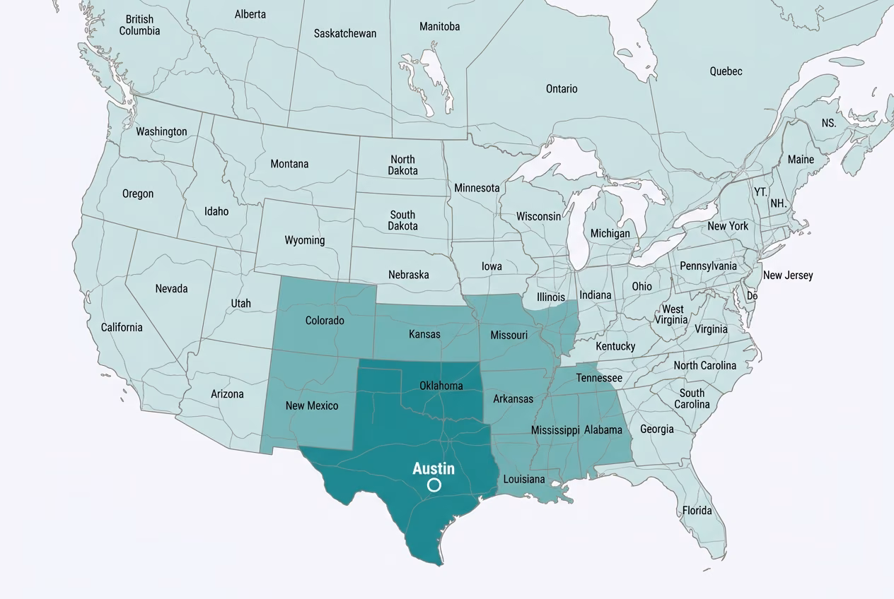 Ground transit-time map of the contiguous US from our Austin facility, with darker teal indicating faster delivery zones.