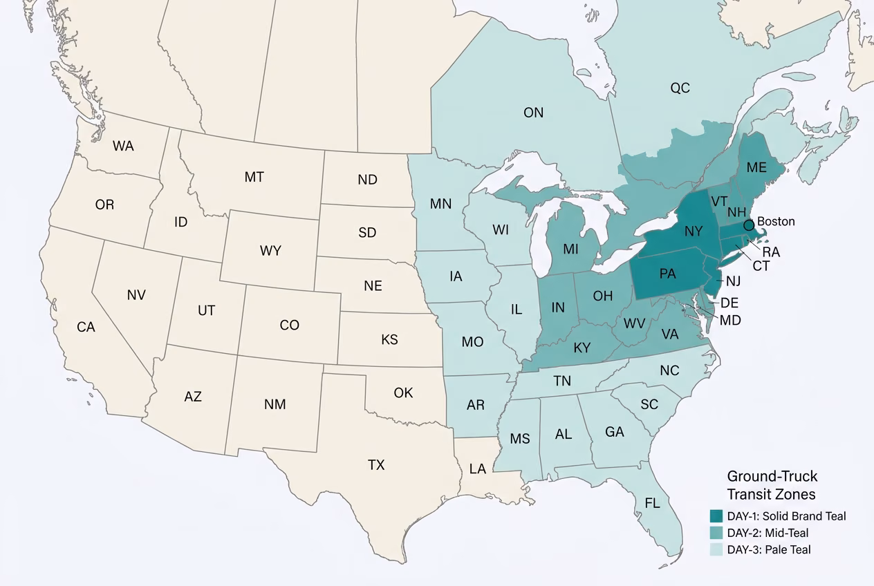 Ground transit-time map of the contiguous US from our Boston facility, with darker teal indicating faster delivery zones.