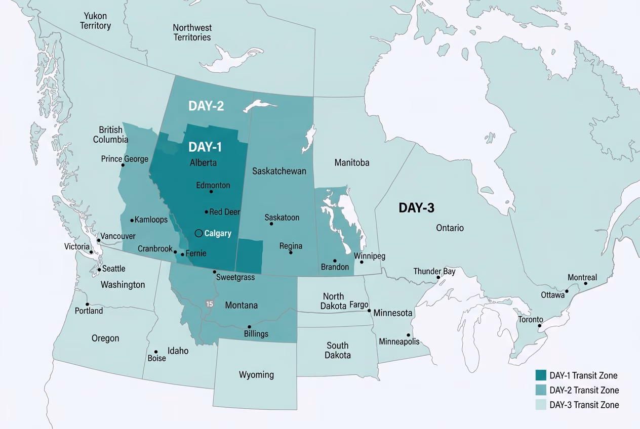Ground transit-time map of the contiguous US from our Calgary facility, with darker teal indicating faster delivery zones.
