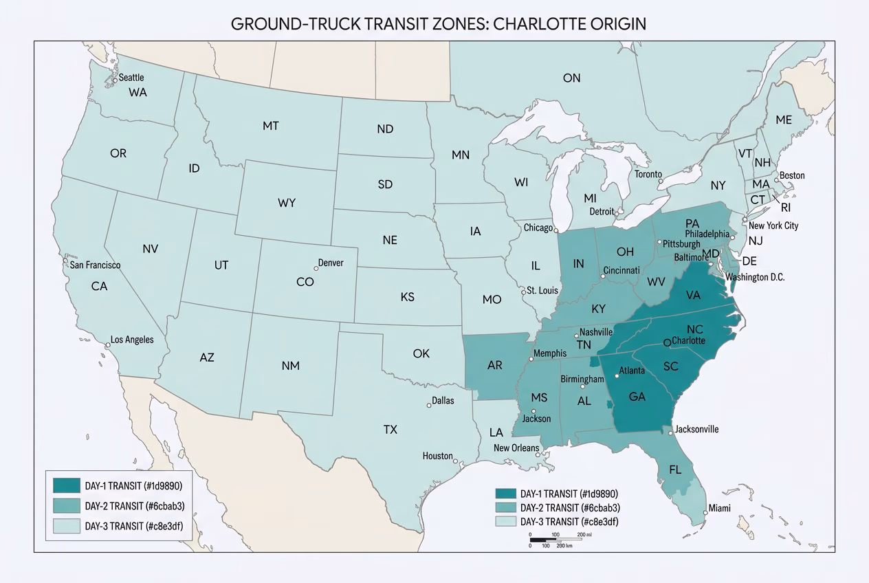 Ground transit-time map of the contiguous US from our Charlotte facility, with darker teal indicating faster delivery zones.
