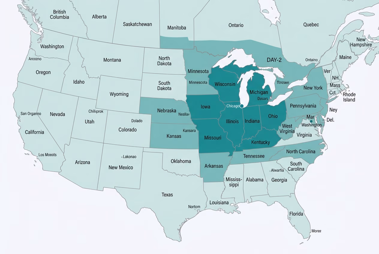 Ground transit-time map of the contiguous US from our Chicago facility, with darker teal indicating faster delivery zones.