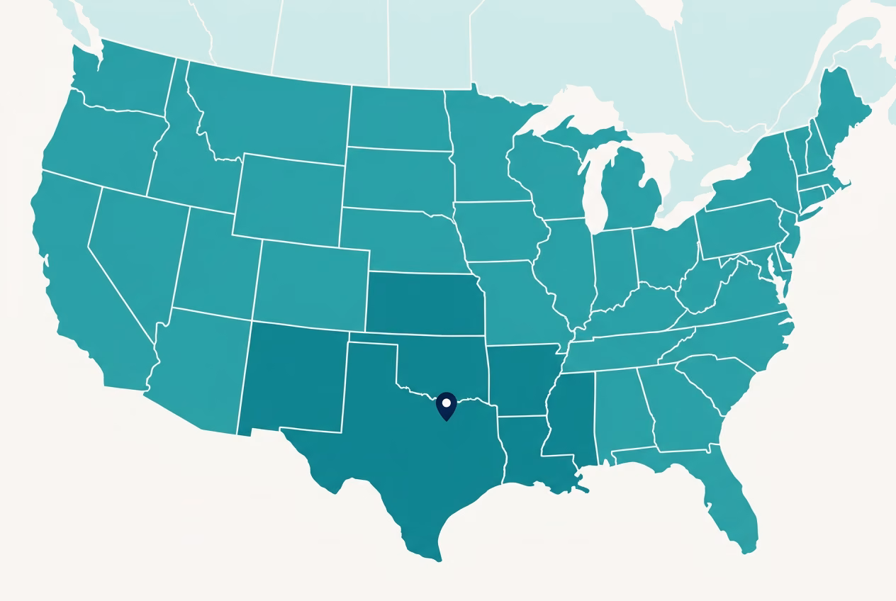 Ground transit-time map of the contiguous US from our Dallas facility, with darker teal indicating faster delivery zones.