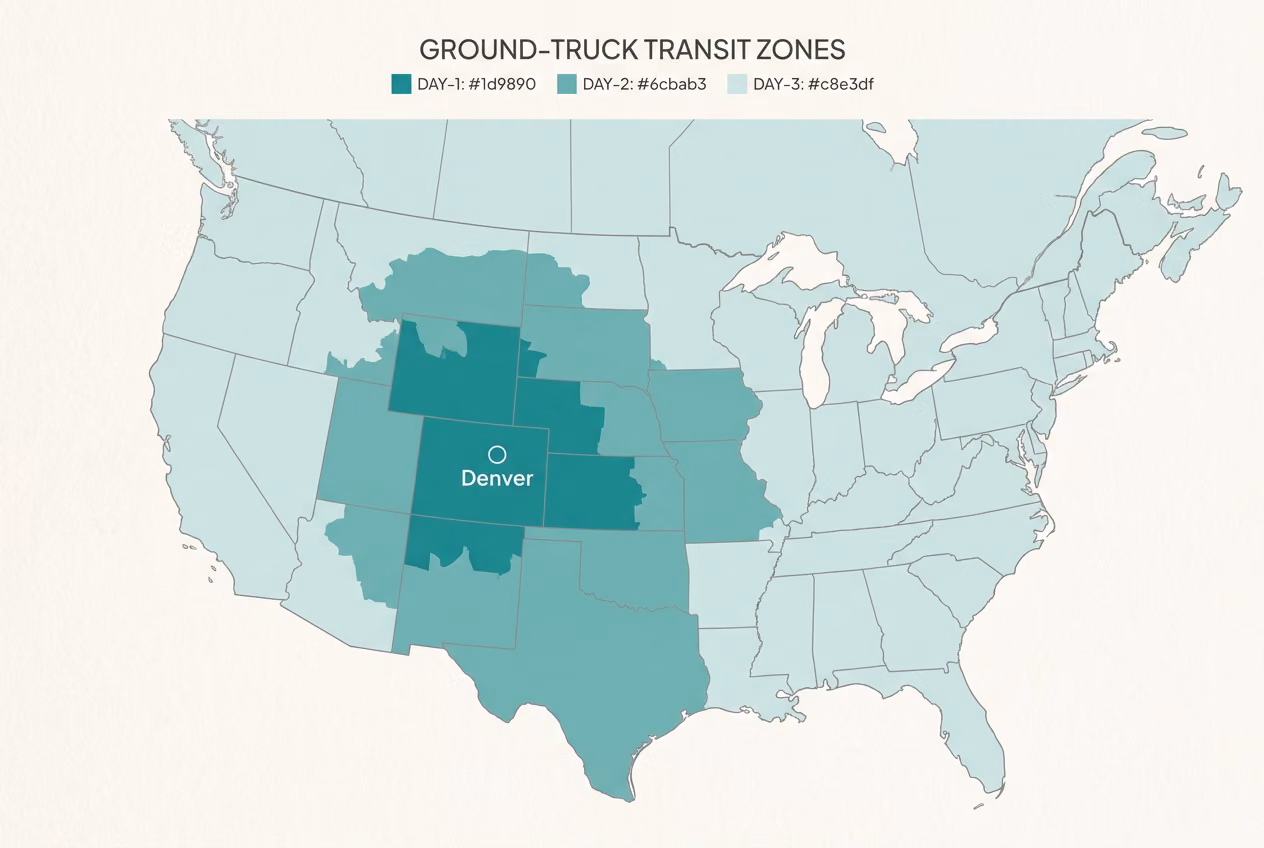Ground transit-time map of the contiguous US from our Denver facility, with darker teal indicating faster delivery zones.