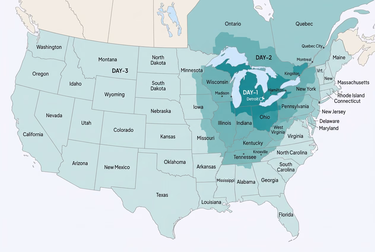 Ground transit-time map of the contiguous US from our Detroit facility, with darker teal indicating faster delivery zones.