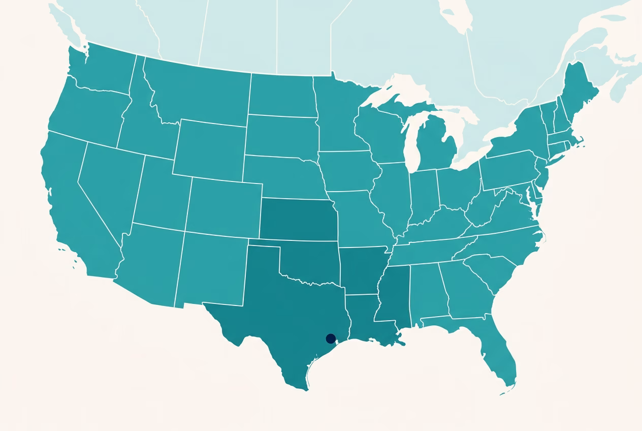 Ground transit-time map of the contiguous US from our Houston facility, with darker teal indicating faster delivery zones.