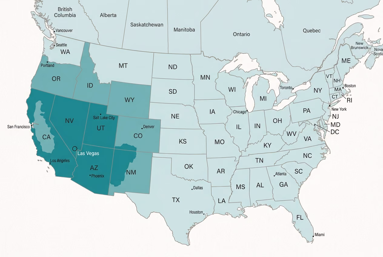 Ground transit-time map of the contiguous US from our Las Vegas facility, with darker teal indicating faster delivery zones.