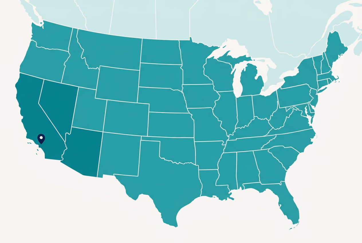 Ground transit-time map of the contiguous US from our Los Angeles facility, with darker teal indicating faster delivery zones.