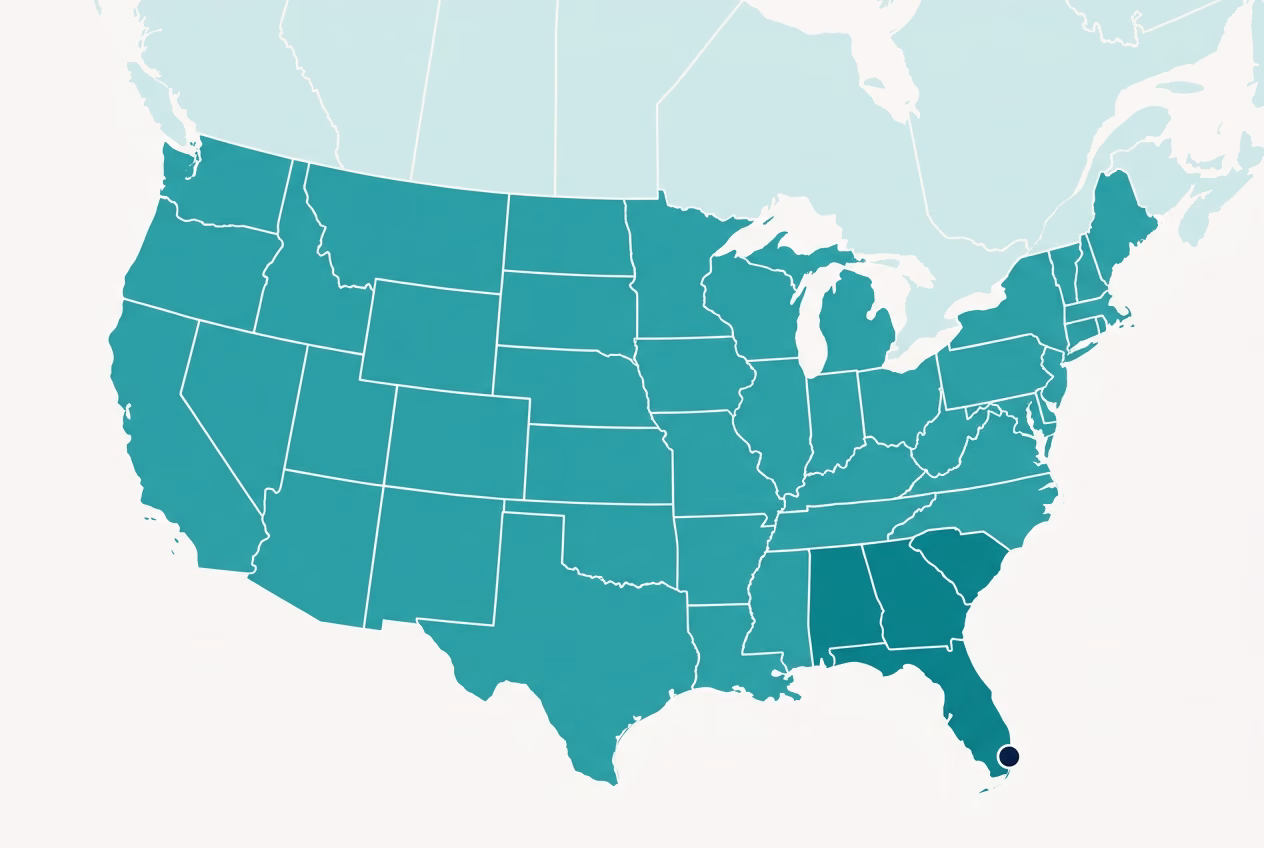 Ground transit-time map of the contiguous US from our Miami facility, with darker teal indicating faster delivery zones.