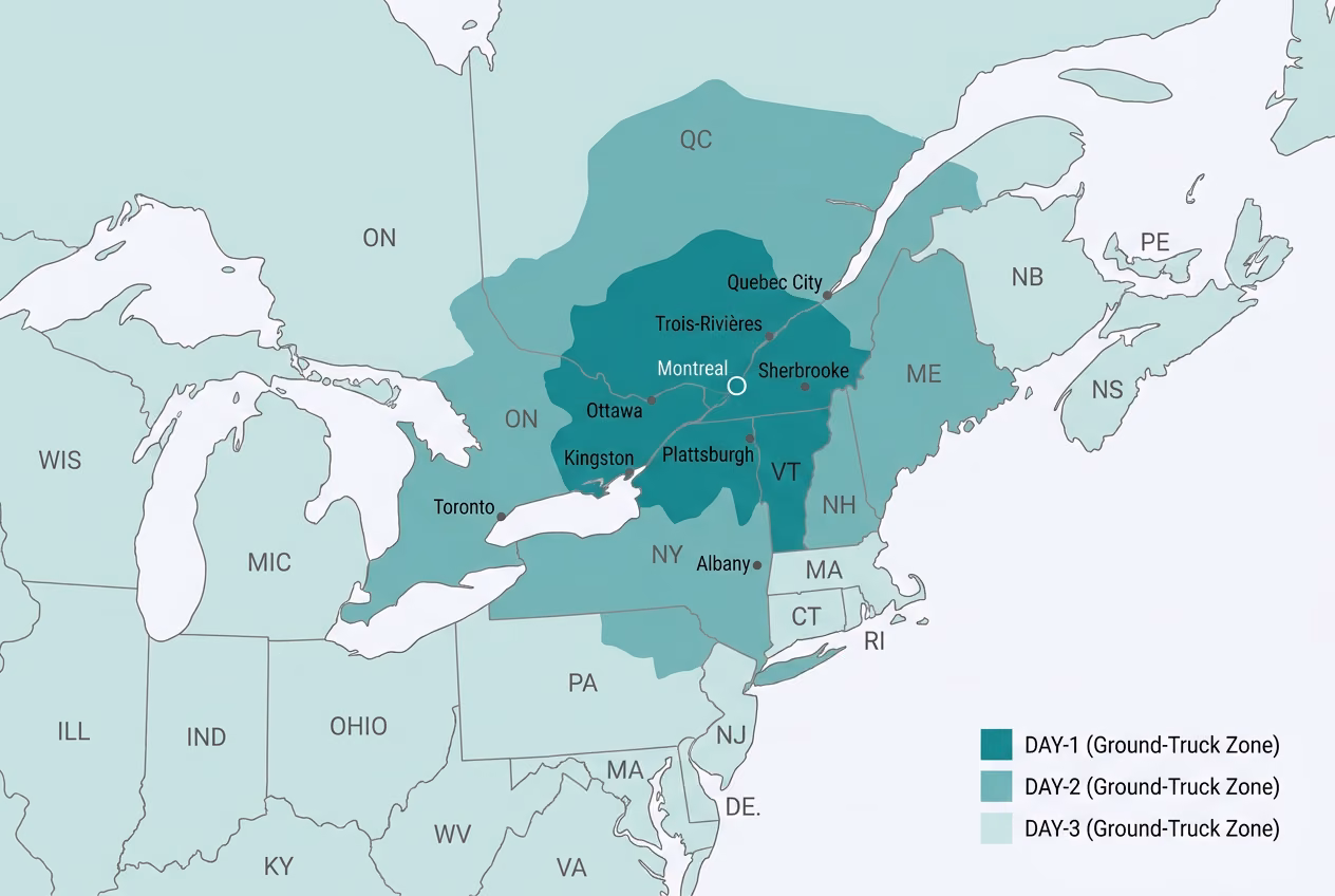 Ground transit-time map of the contiguous US from our Montreal facility, with darker teal indicating faster delivery zones.