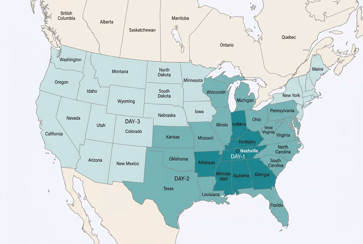 Ground transit-time map of the contiguous US from our Nashville facility, with darker teal indicating faster delivery zones.