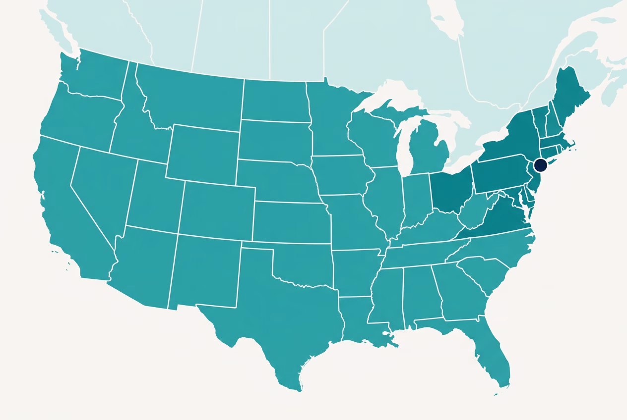 Ground transit-time map of the contiguous US from our New York facility, with darker teal indicating faster delivery zones.