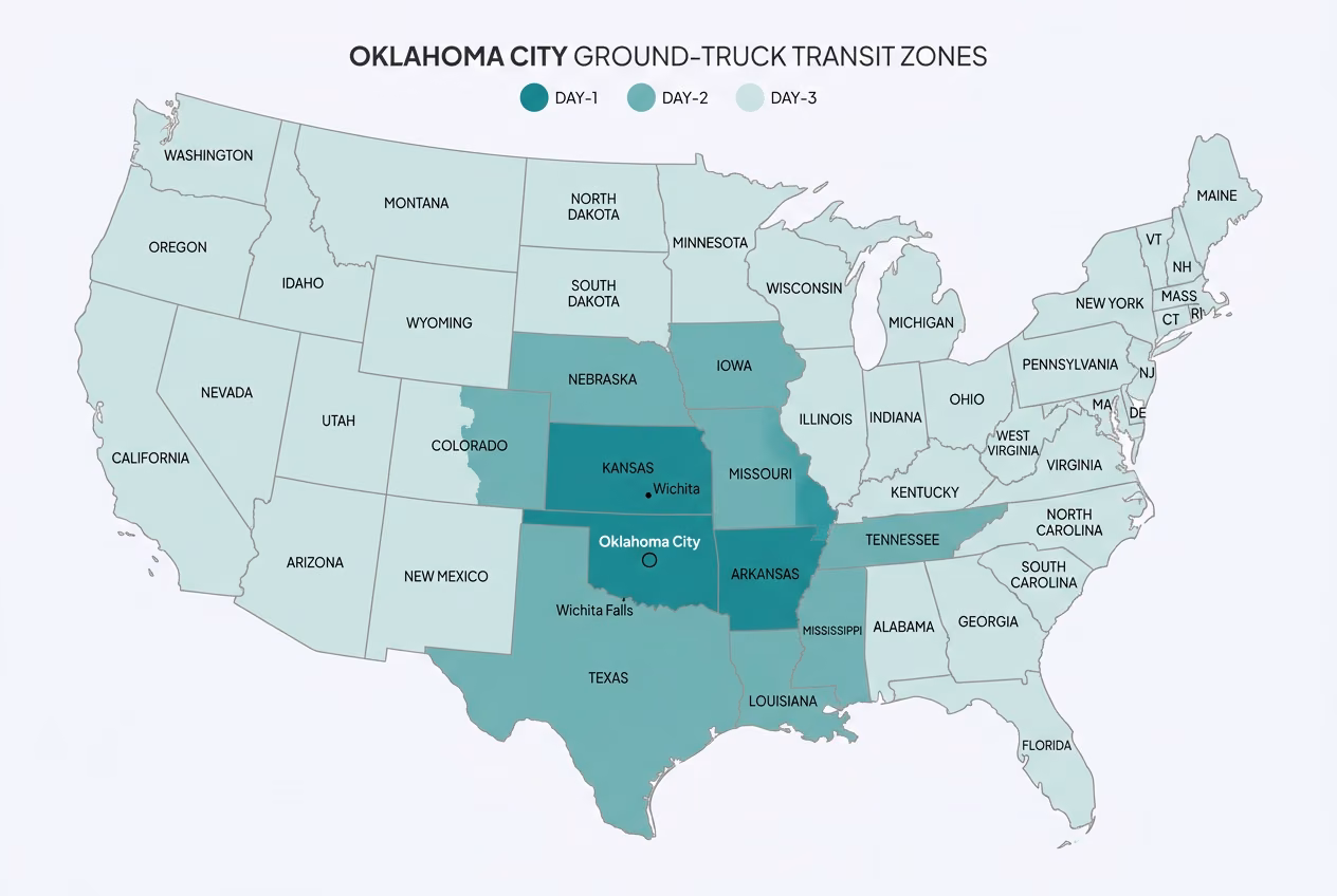 Ground transit-time map of the contiguous US from our Oklahoma City facility, with darker teal indicating faster delivery zones.