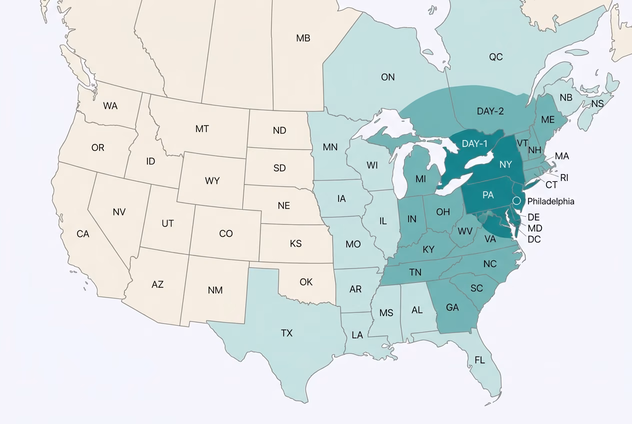 Ground transit-time map of the contiguous US from our Philadelphia facility, with darker teal indicating faster delivery zones.