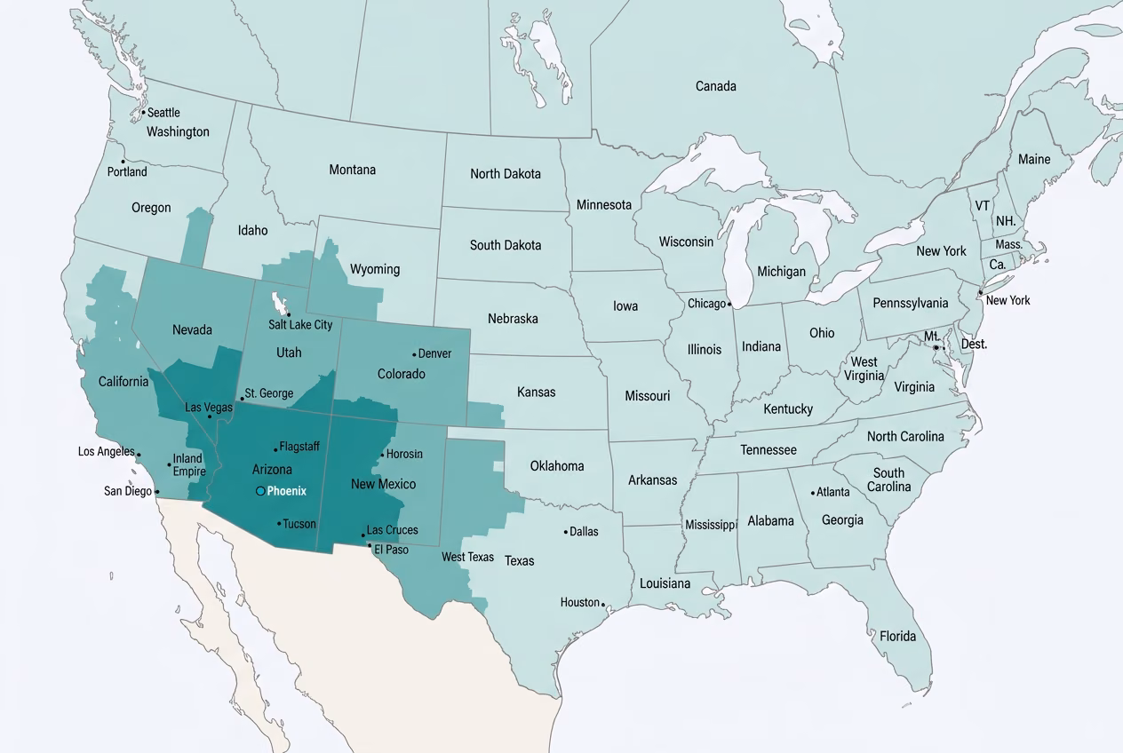 Ground transit-time map of the contiguous US from our Phoenix facility, with darker teal indicating faster delivery zones.