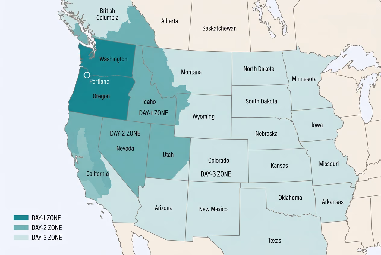 Ground transit-time map of the contiguous US from our Portland facility, with darker teal indicating faster delivery zones.